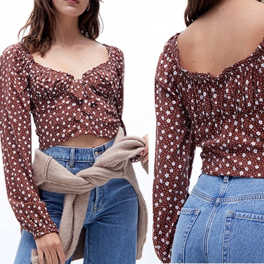 PacSun Cropped Brown Billowy Sleeve Floral Print Top - Picture 1 of 10